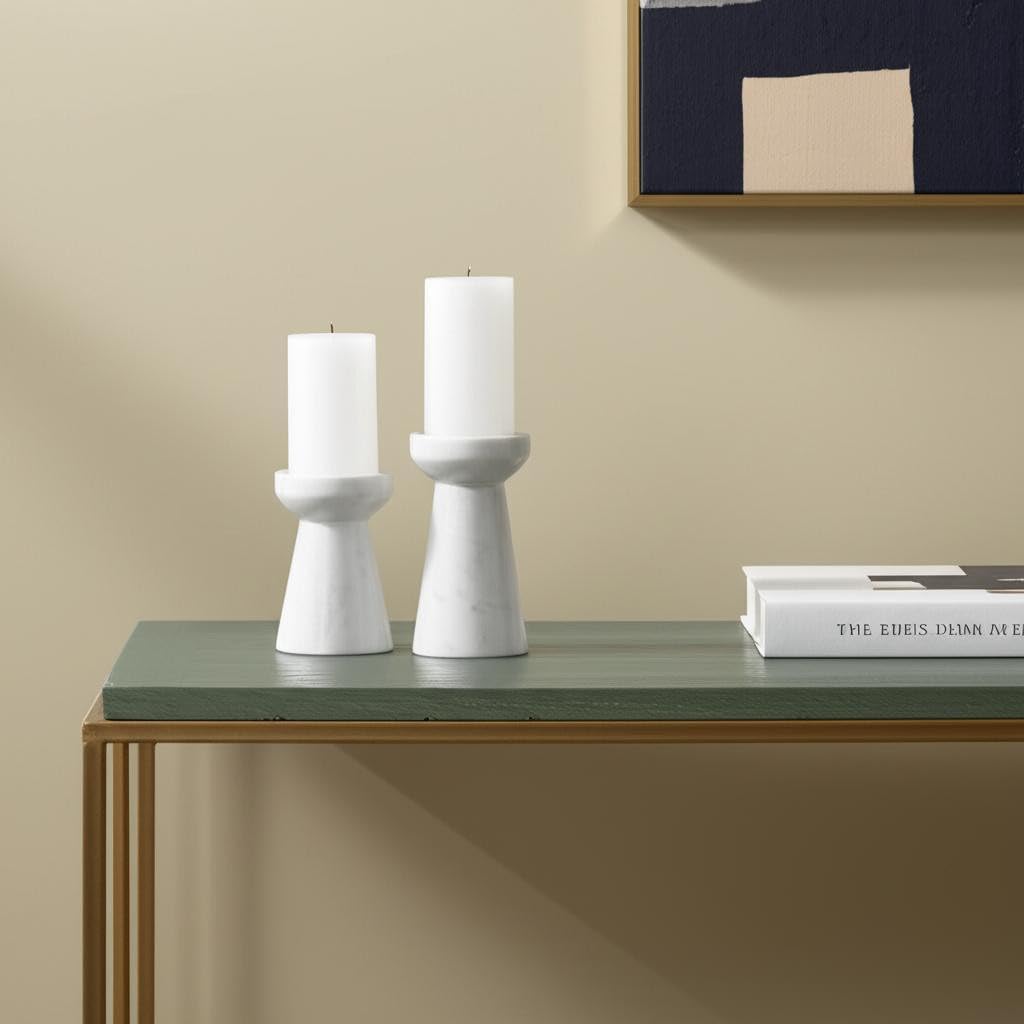 Set of Two White and Gray Marble Tabletop Pillar Candle Holders