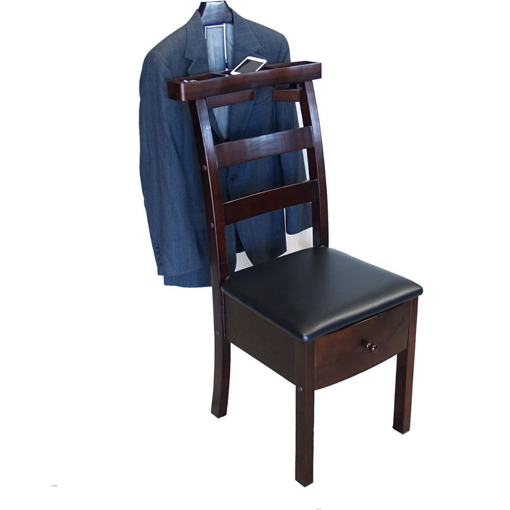Wooden Chair Valet with Drawer Hanger Trouser Bar Belt And Tie Rack Storage Seat Luxury Suit Stand Clothes Organizer