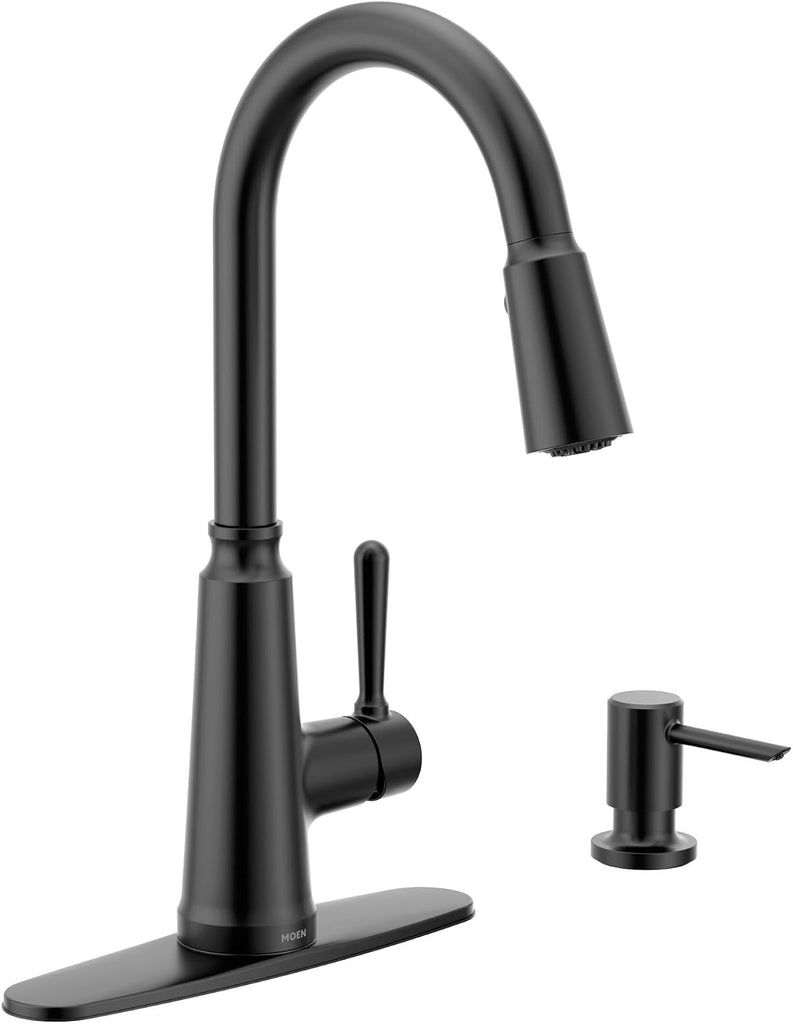 Trew Matte Black Kitchen Faucet with Soap Dispenser and Pulldown with Power Boost, Transitional Kitchen Faucet