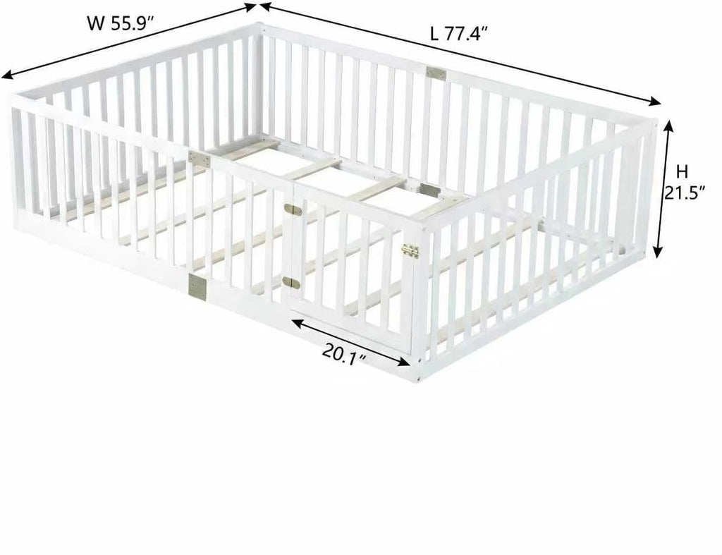 Toddler Floor Bed with Door&High Rails, White