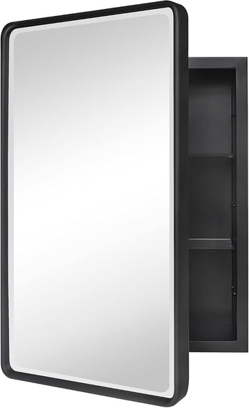 Farmhouse Black Metal Framed Recessed Bathroom Medicine Cabinet with Beveled Mirror Rounded Rectangle Bathroom