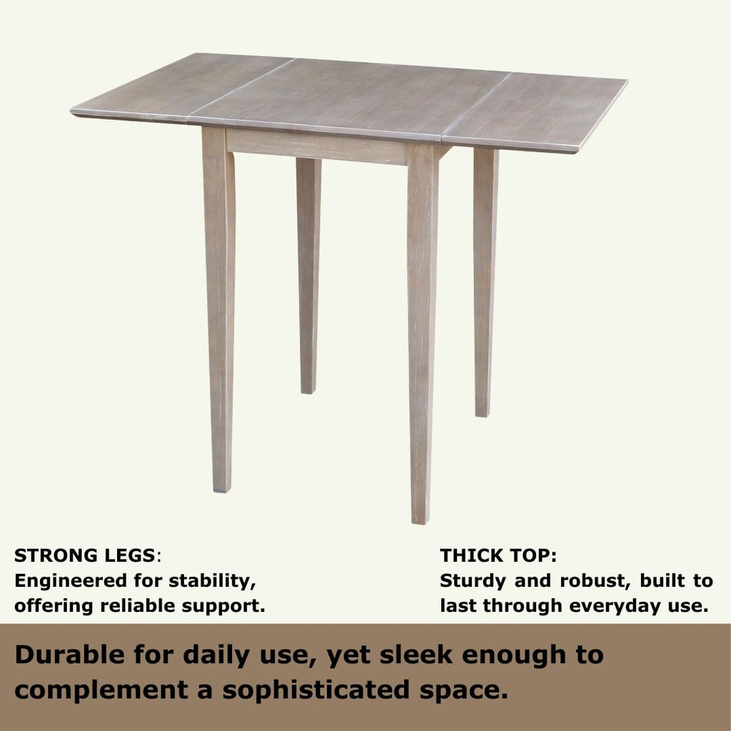Solid Wood Small Drop Leaf Dining Table, Solid Real Wood, Sturdy Parawood, 36 X 22 X 29, Minimum Assembly, Washed Gray