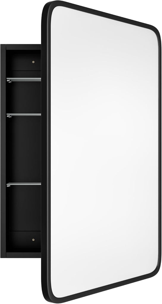 Medicine Cabinet with Black Metal Frame Mirror, Overall 17.5"x29" | Bathroom Wood Wall Cabinet with Mirror, 16.1"x24"