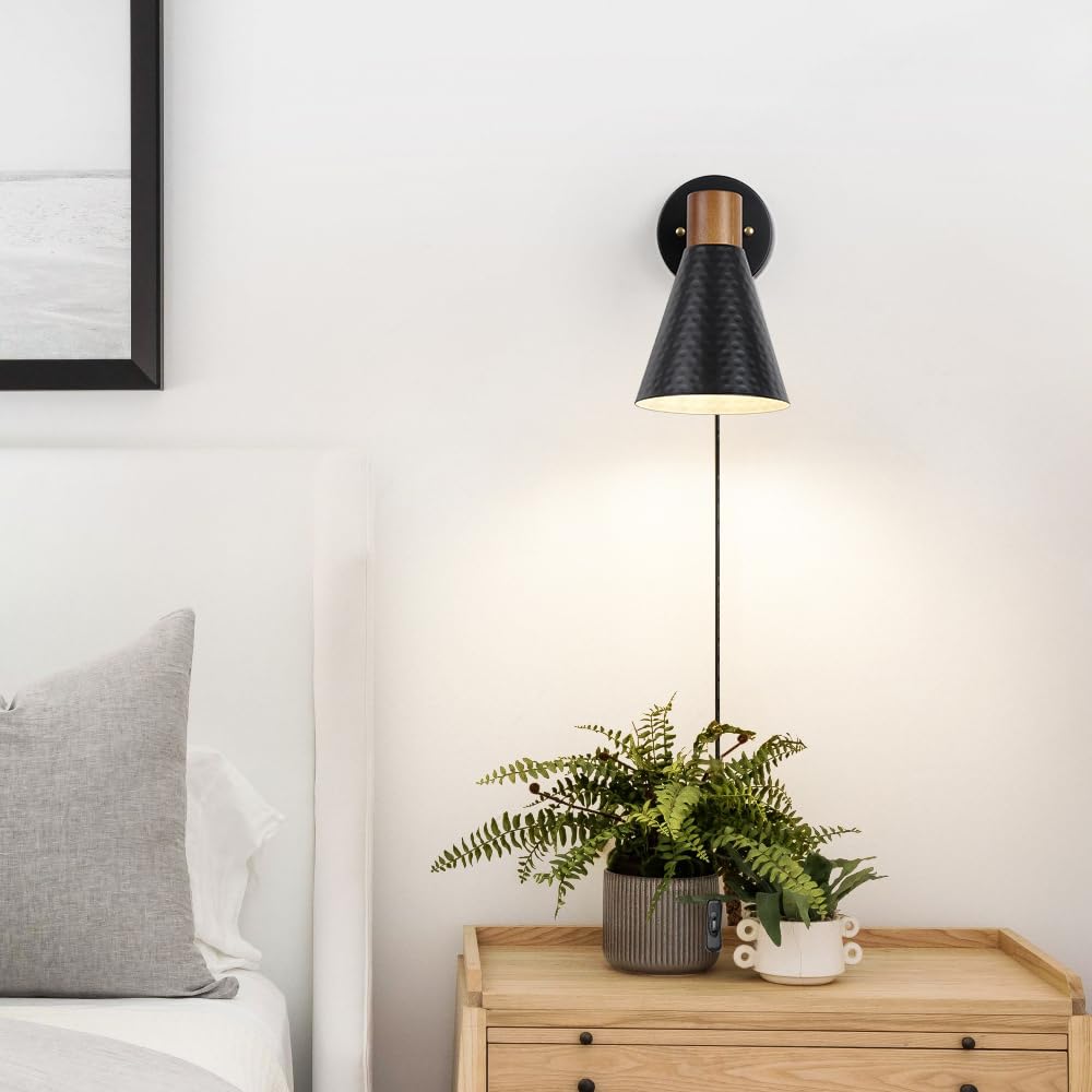 Black Plug in Wall Sconces Set of 2, Modern Bedroom Wall Light with on/off Cord, Wooden Plug Sconce with Hammered