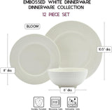 Tabletops Gallery Embossed White Porcelain Round Dinnerware - Bloom 12 Piece Dinnerware Set