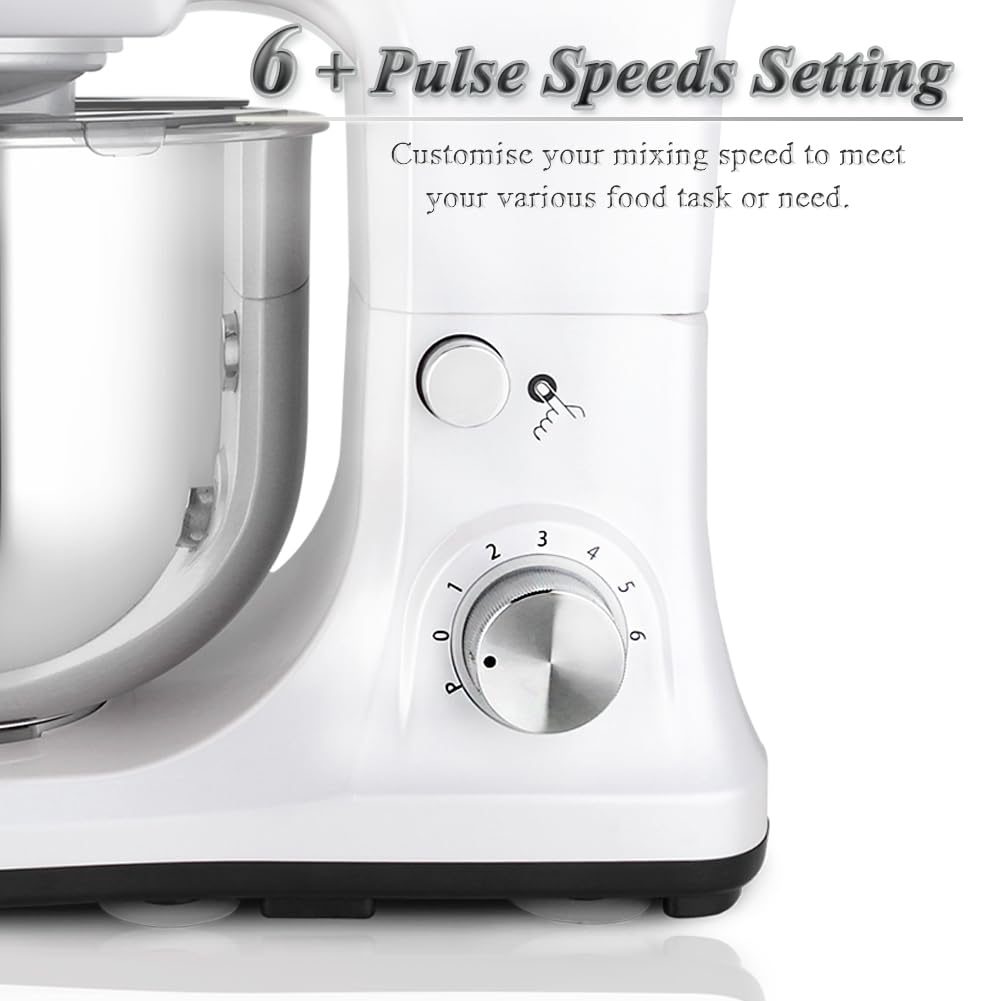 Stand Mixer 5-QT, 6+P Speed Tilt-Head Food Mixer 300W Dough Mixer with Stainless Steel Bowl,Dough Hook,Flat