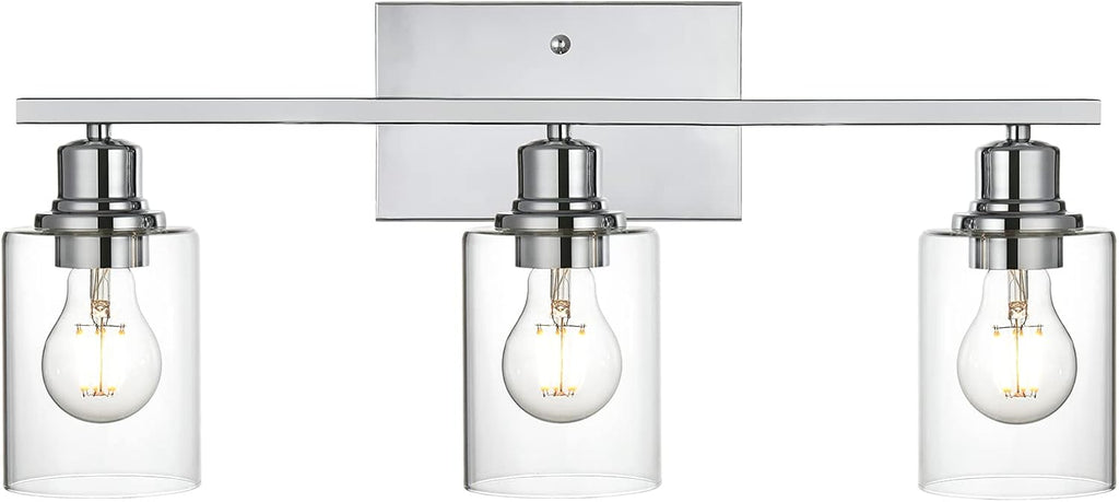 3 Light Wall Light Fixture with Clear Glass Shade Classic Bathroom Vanity Lighting Fixture in Chrome Finish Metal