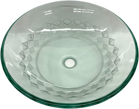 Elegant Handmade Round Circular Pattern Bathroom Sink Tempered Clear Glass Unique Carved Pattern Handmade Vessel Bowl