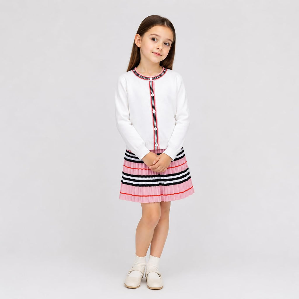 Pink Two Piece Outfit for Toddler Girls Ribbed Knit Sweater Cardigan Pleated Skirt Set