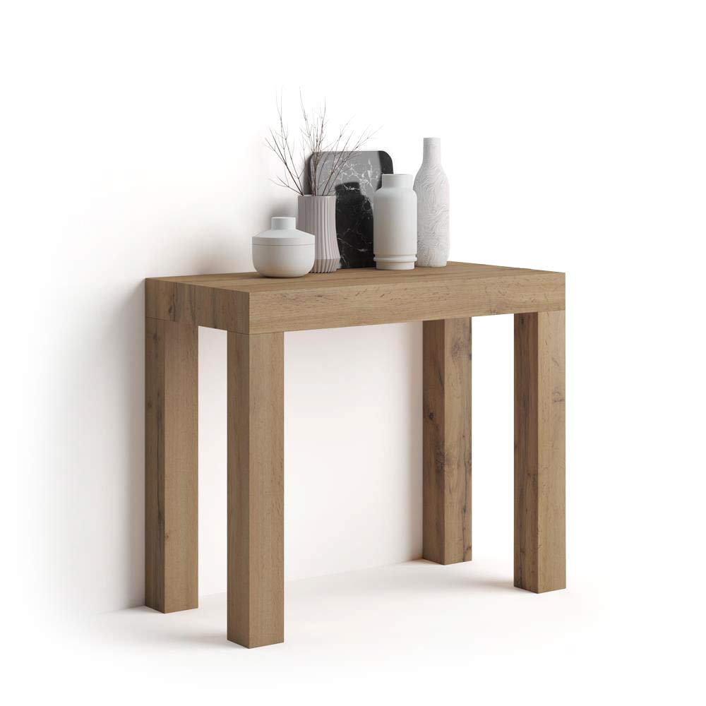 First, Extendable Console Table 17.7(120) x35.4 in, Rustic Oak, for 4-14 People, Space-Saving Dining Table, Italian