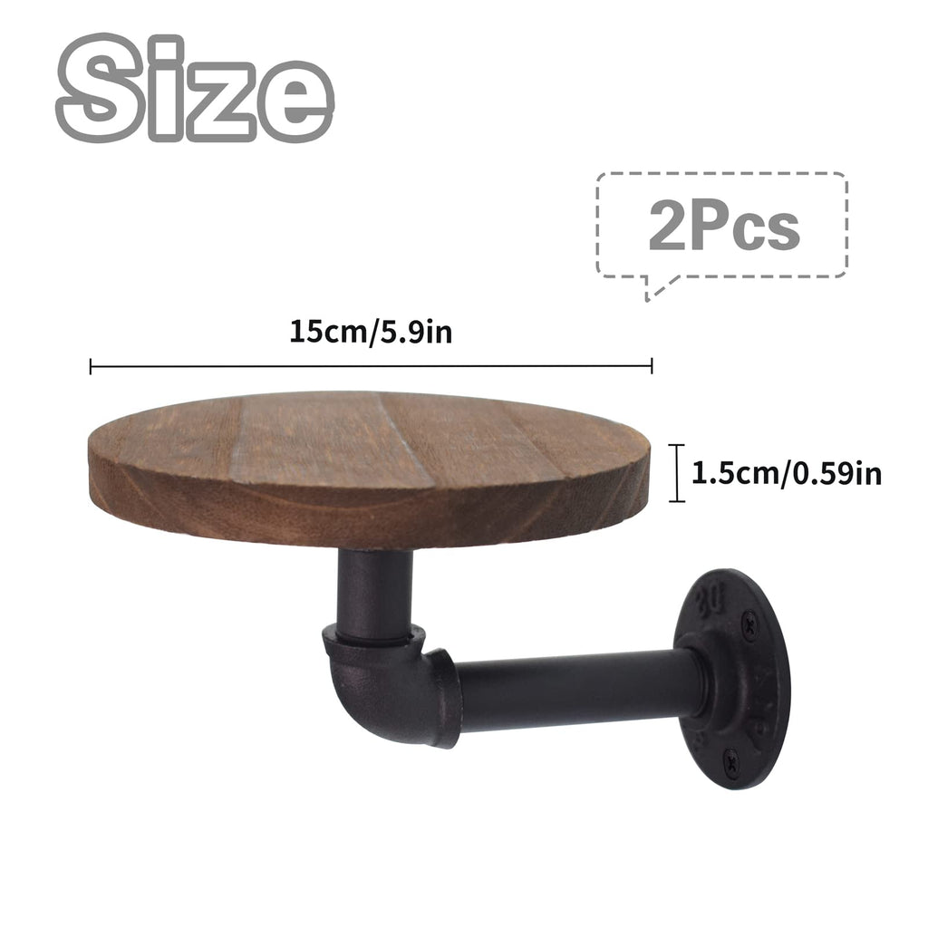 5.9inch Wall Mounted Floating Shelves Round Display Rack with Metal Industrial Pipe Brackets, Rustic Wood Shelving