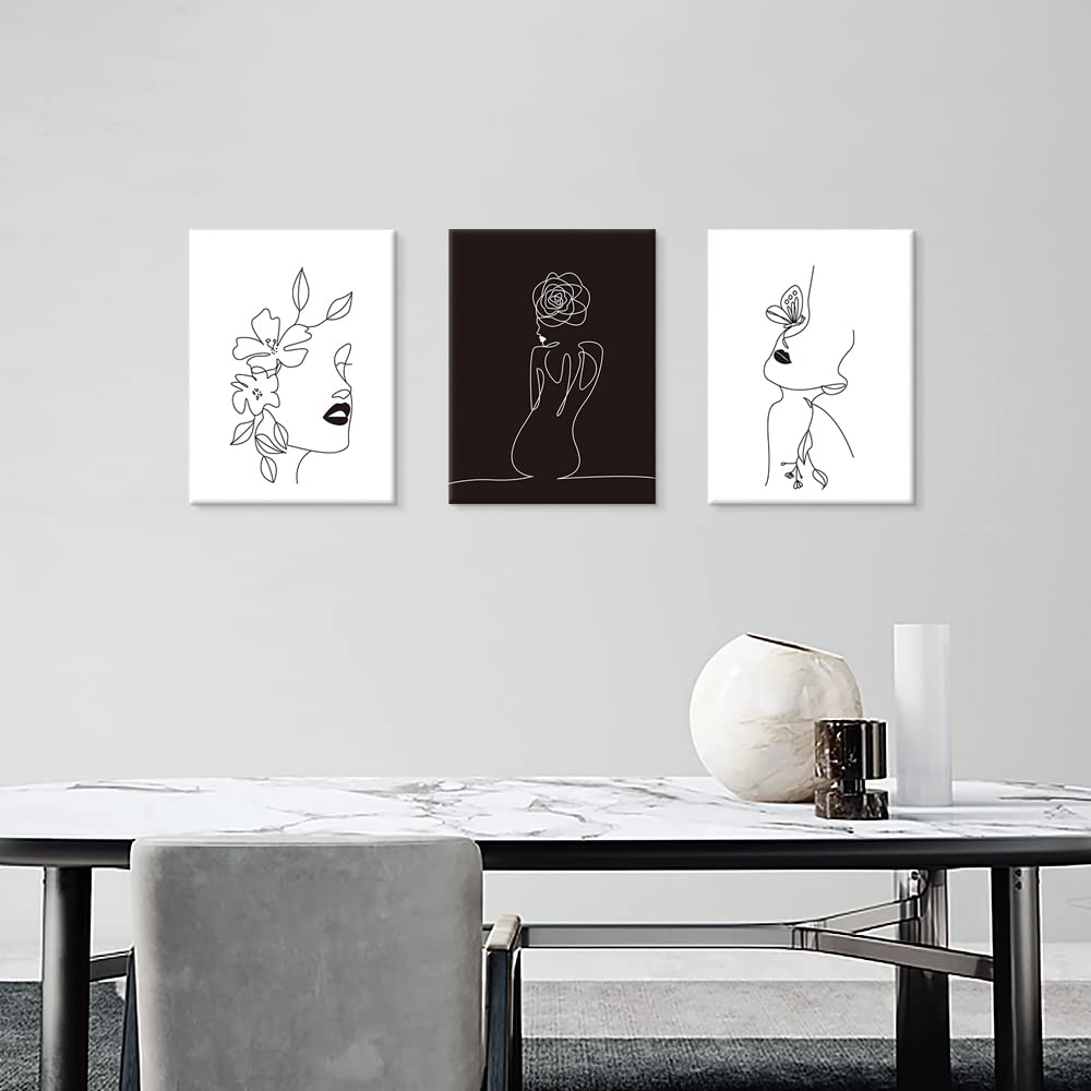 Minimalist Line Art Prints Set of 3 Abstract Women Faces Flower Wall Art Black and White Line Drawing Painting Modern