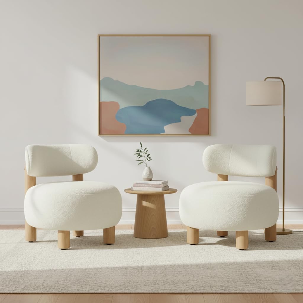 Modern Boucle Accent Chair, with Plush Faux Sherpa Upholstery, Curved Backrest, Solid Wood Legs Bedroom Reading Nook