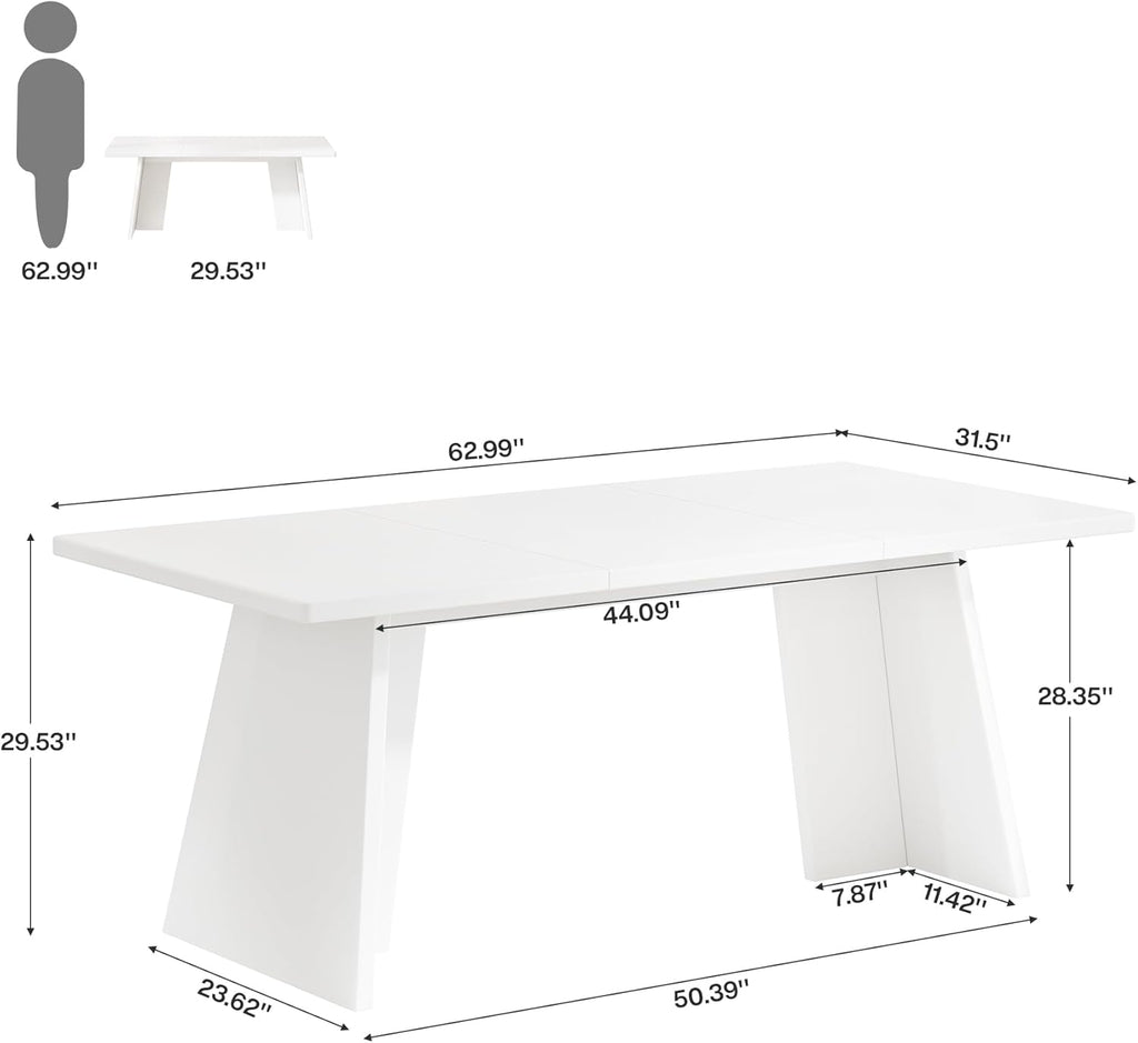 White Executive Desk, 63" Large Office Computer Conference Meeting Table with Wooden Robust Pedestal