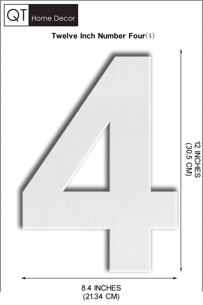 12 Inch Floating House Number 4 - Brushed 304 Stainless Steel