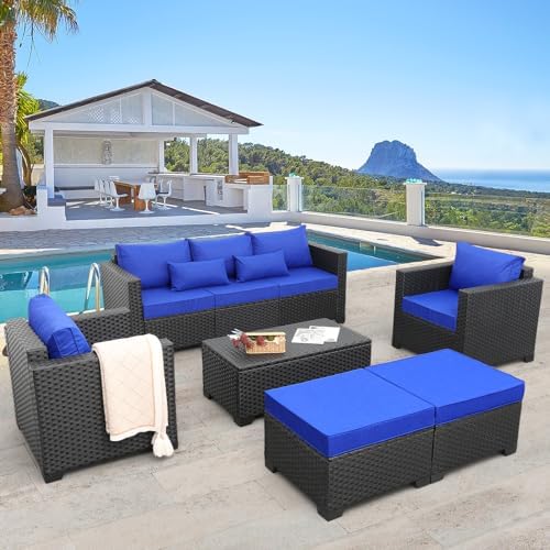 6-Piece Wicker Outdoor Patio Furniture Set - Conversation | Blue for Patio, Garden & Porch
