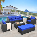6-Piece Wicker Outdoor Patio Furniture Set - Conversation | Blue for Patio, Garden & Porch