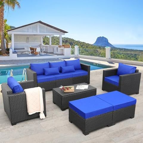 6-Piece Wicker Outdoor Patio Furniture Set - Conversation | Blue for Patio, Garden & Porch