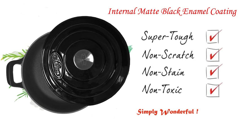 La Cuisine Enameled Cast Iron Braiser Sauté Pan Shallow Dutch Oven with Lid Internal Matt Black Enamel Coating 3.75
