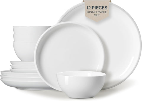 Plates and Bowls Set 12 Pcs,Stoneware Dinnerware Sets for 4 Microwavable,Oven & Dishwasher Safe Porcelain,Scratch