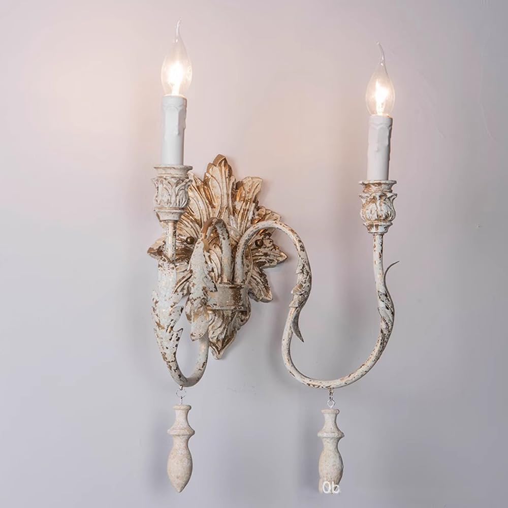 French Country Distressed White Wall Sconce - 2-Light Candle Holder Fixture for Vintage Rustic Home Decor - Ideal