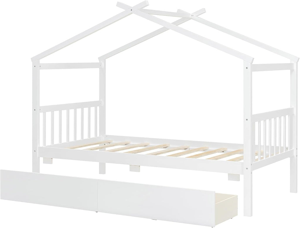 Twin Size House Bed with 2 Storage Drawers Wooden Kids Montessori House Bed Frame Wood Playhouse Tent Bed for Girls
