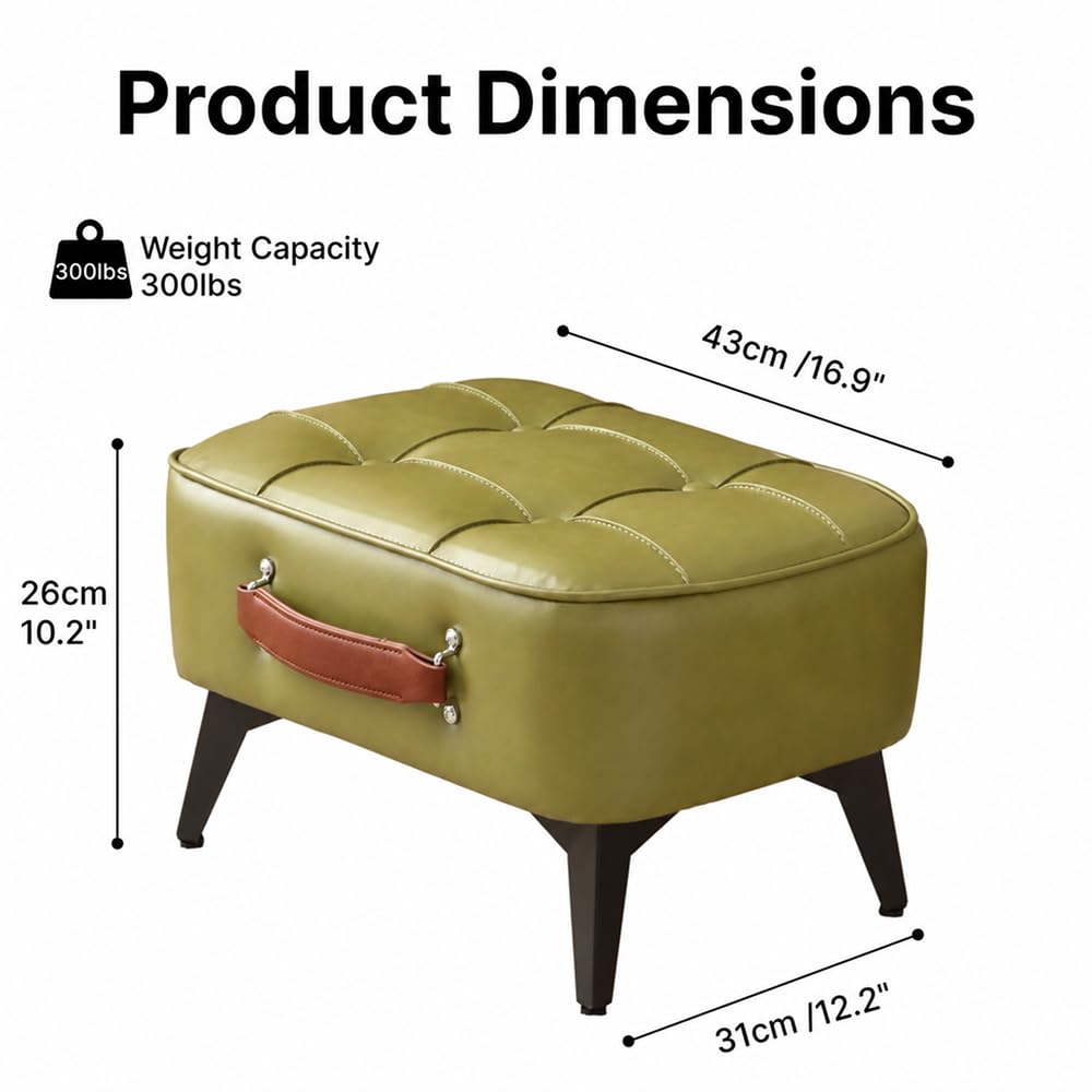 Vintage Style Faux Leather Ottoman Footstool - Wooden Frame, Upholstered Interior, Multi-Use Footrest (Azure Green)