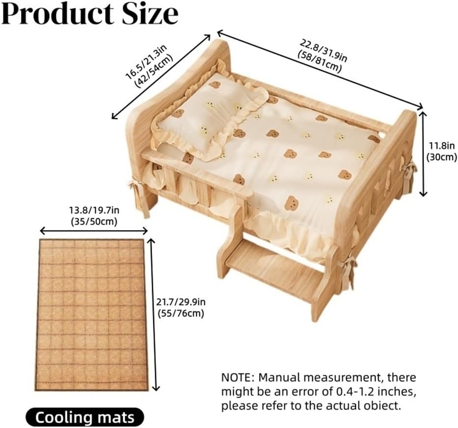 Solid Wood Pet Bed for Small and Medium Dogs, Elevated Wooden Dog Bed with Cushion and Mat, Pet Sofa for Indoor