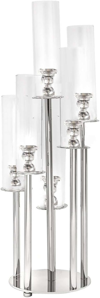 Efavormart 33" Tall - 7 Arms Clear Crystal Cluster Round Candelabra, Pillar Candle Holders with Mirror Base - Perfect