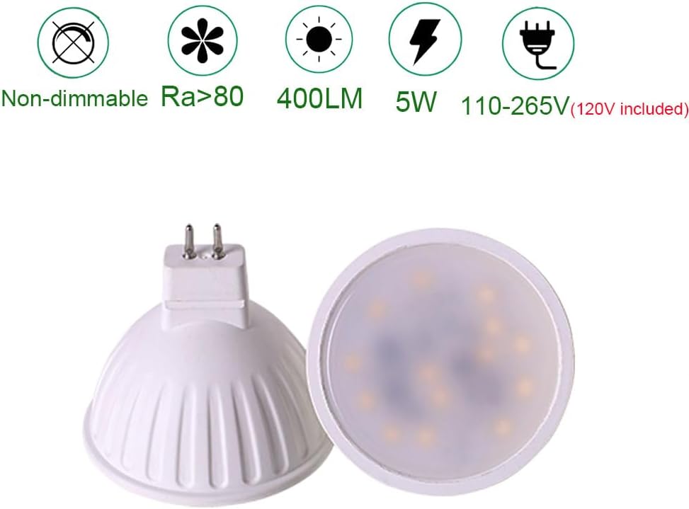 120V Non-dimmable GU5.3 Bulb 5w 2700K Soft White mr16 led spot Light Equivalent to 40w 50w Halogen Bulb for Recessed