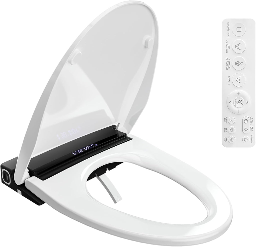 Electric Elongated Smart Heated Toilet Seat with Warm Water, Air Dryer, Feminine and Child Wash, Wireless Remote, Self-Cleaning Stainless Steel Nozzle, Adjustable Water Pressure