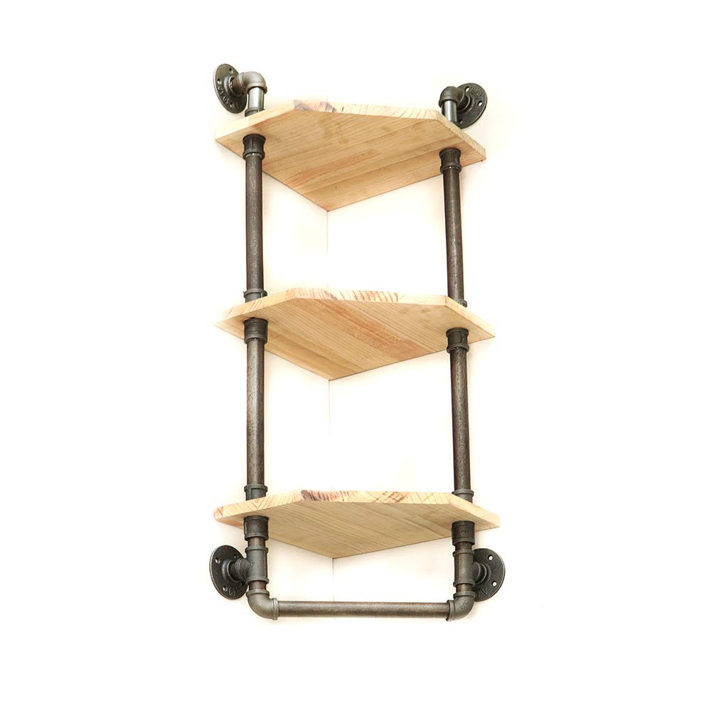 Industrial Pipe Shelf, Rustic Corner Shelves with Towel Bar, Bathroom Shelves Wall Mounted, 3 Tiered Metal&Real Wood