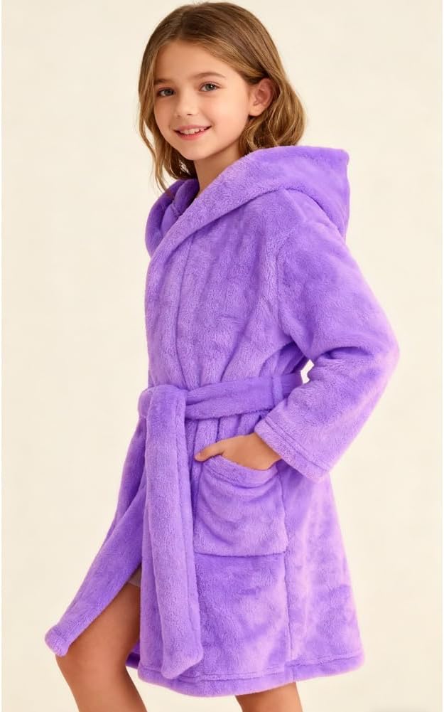 Kids Bathrobe Hooded Plush Fleece Robe for Girls Boys
