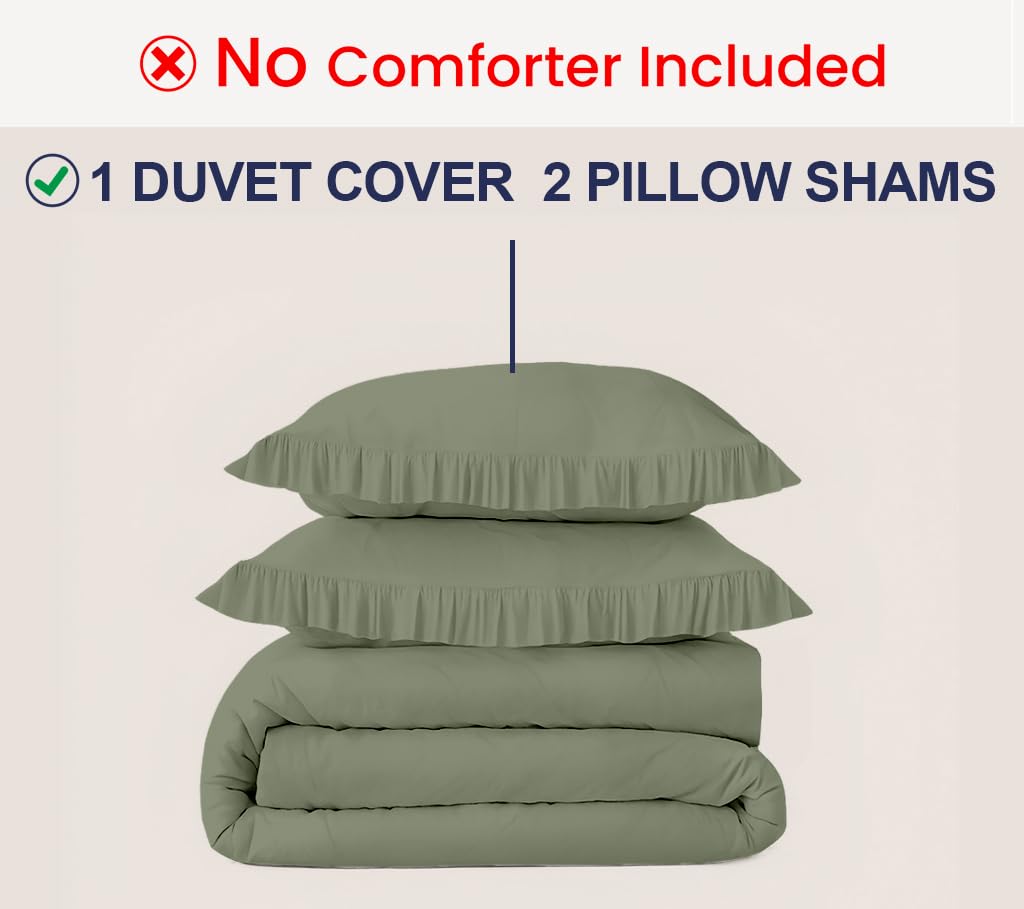 3 Pc Moss Green Ruffle Trim Duvet Cover Set Oversized King Size-100% Egyptian Cotton 600 TC -Shabby Chic Bohemian