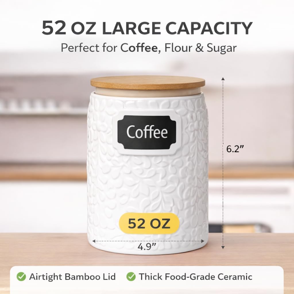 Ceramic Canister for the Kitchen (52oz/1537ml) - Airtight Kitchen Counter Storage with Bamboo Lids, Decorative Flour