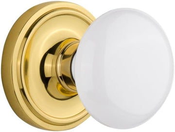 Classic Rosette Privacy White Porcelain Door Knob in Unlacquered Brass
