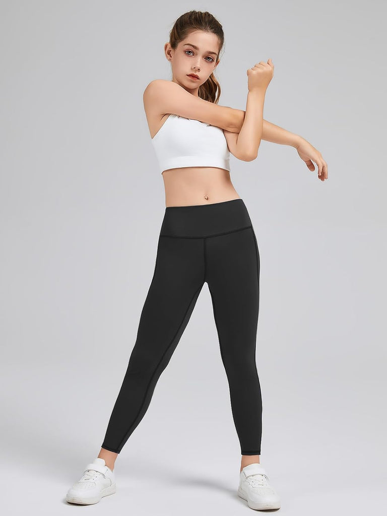 5 Packs Girls Athletic Leggings Kids Yoga Pants with Pockets High Waist Leggings Yoga Dance Workout Running