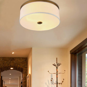 Modern Semi Flush Mount Ceiling Light Fixture with Big Size 19.7" White Textile Fabric Drum Shade and Antique Gold