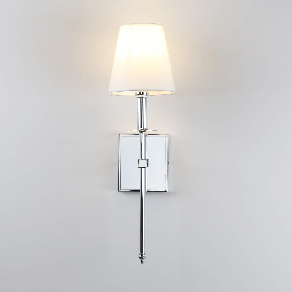 Set of 2 Classic Rustic Industrial Wall Sconce Lighting Fixture with Flared White Textile Lamp Shade and Chrome
