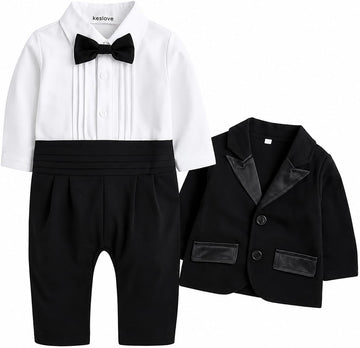 Toddler Boy Formal Tuxedo Outfit Piece Set with Bow Tie & Blazer, Infant Baby Gentleman Suit