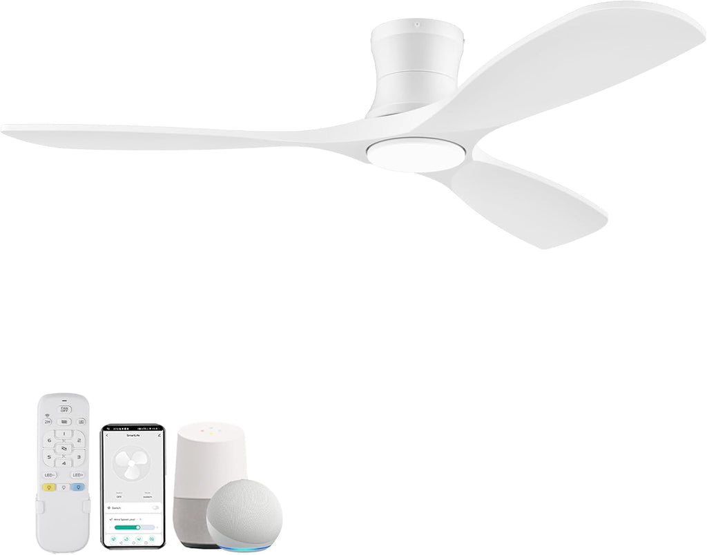 52” Wood Smart Flush Mount Ceiling Fans with Lights and Remote,Quiet DC Motor