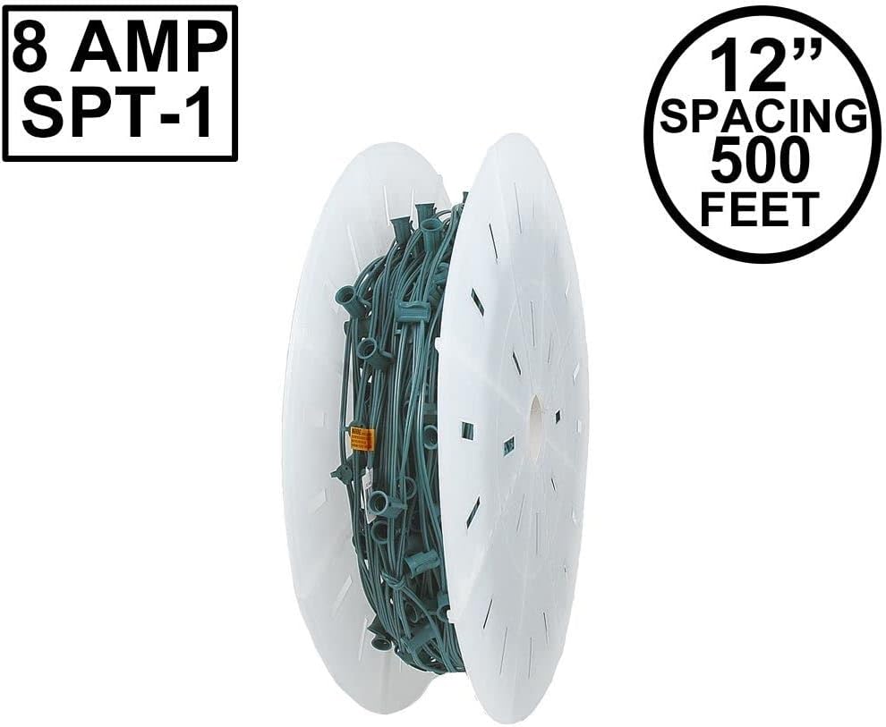 500 Feet C9 E17 Socketed Christmas Light Spool, Green Wire