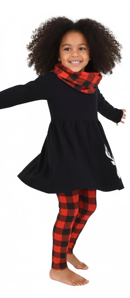 Girls 3 Piece Kids Toddler Christmas Plaid Reindeer Legging Set Outfit Long Sleeve Stretch Tunic Top Leggings and