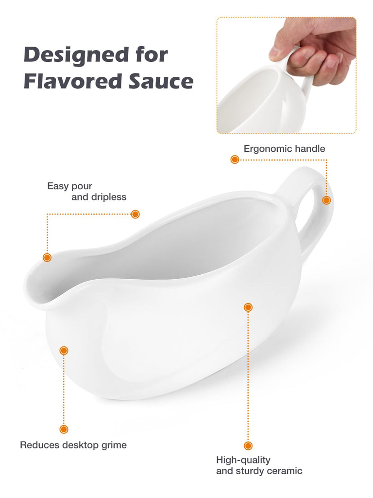 Gravy Boat with Spoon, Ceramic Sauce Serving Dish, Easy-Pour Big Dripless Lip Spout Serveware Set For Salad Cream