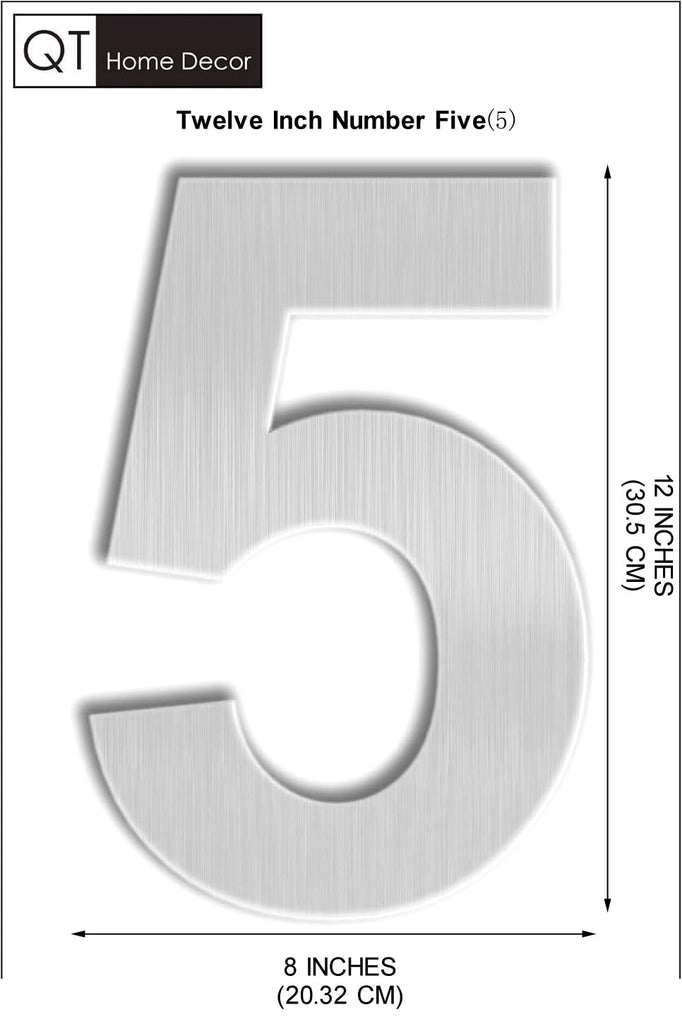12 Inch Floating House Number 5 - Brushed 304 Stainless Steel