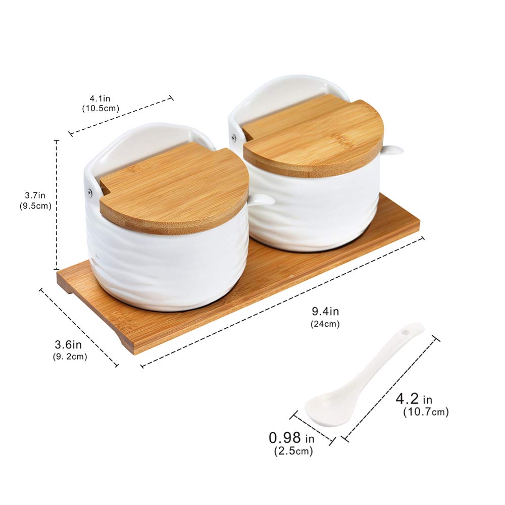 Ceramic Sugar Bowl with Bamboo Lids and Spoons Serving Tray, Porcelain Sugar Container for Sugar Tea Coffee