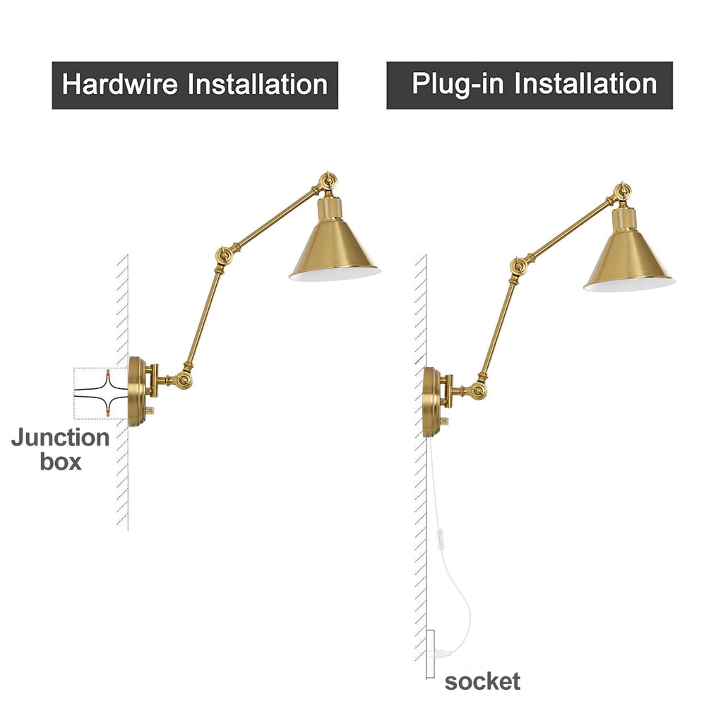 Wall Sconces Plug in, Dimmable Wall Sconces Brushed Brass Swing Arm Wall Lights Plug in Wall Mounted Light Industrial
