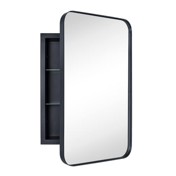 Matt Black Recessed Bathroom Wall Cabinet with Mirror - Stainless Steel Frame Medicine Cabinet - 16 x 24''