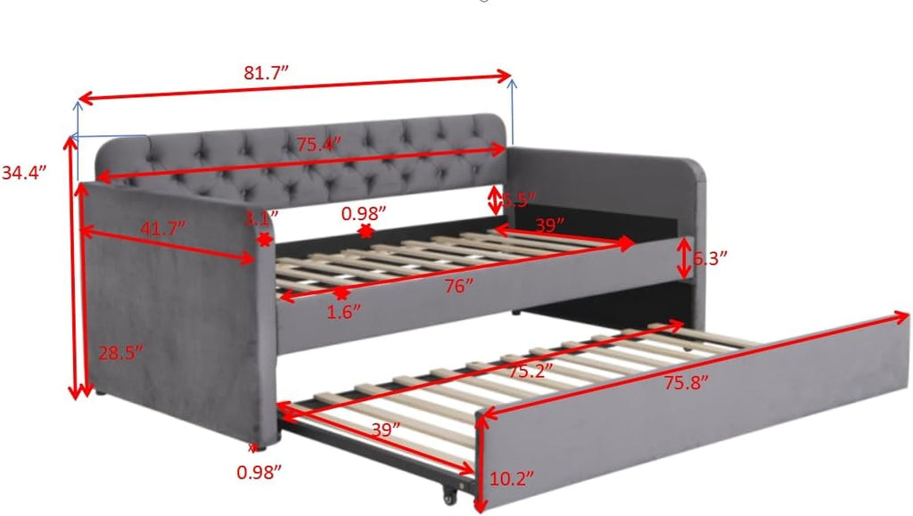 Twin Size Daybed W/Trundle,Velvet Day Bed with Pop Up Trundle Bed W/USB Charging Ports,Upholstered Sofa Bed W/Back,No