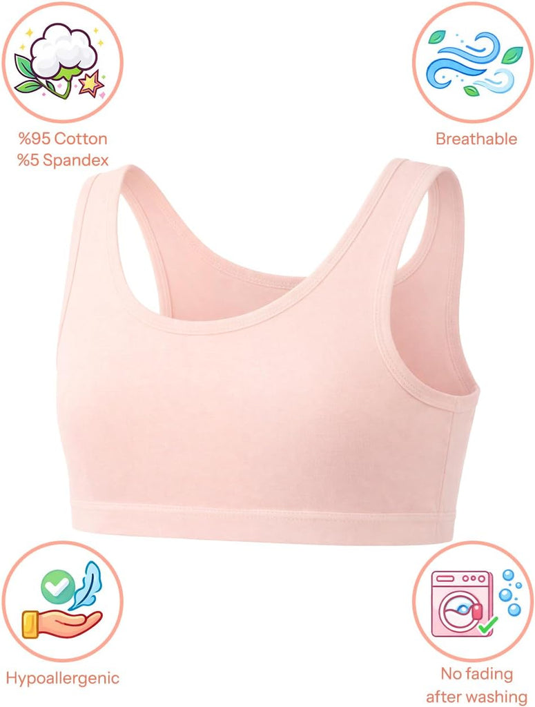 Girls Training Bras - Soft Cotton Kids Sports Bra, 5 Pack Crop Tops